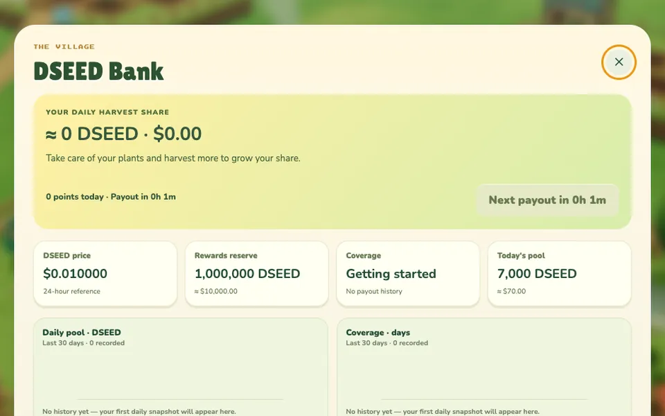 The DSEED Bank screen with the daily pool and reserve indicators