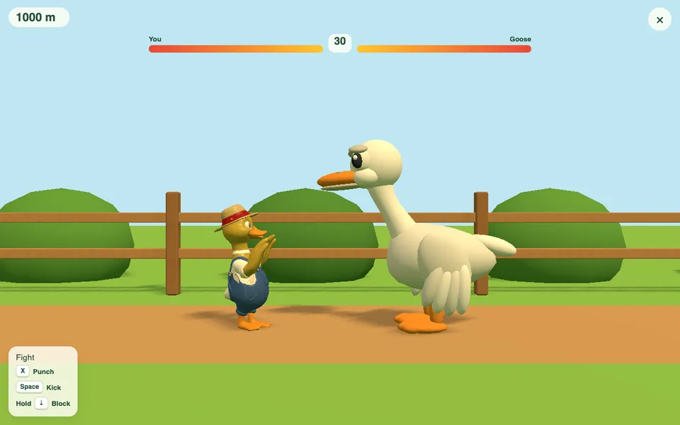 Duck Dash: the player's duck squares up to the Goose on the farm track at 1000 m