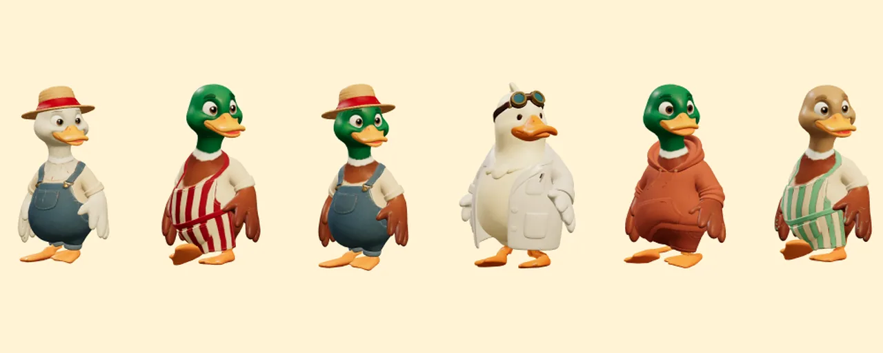 Six customised ducks side by side with different colours, hats and outfits
