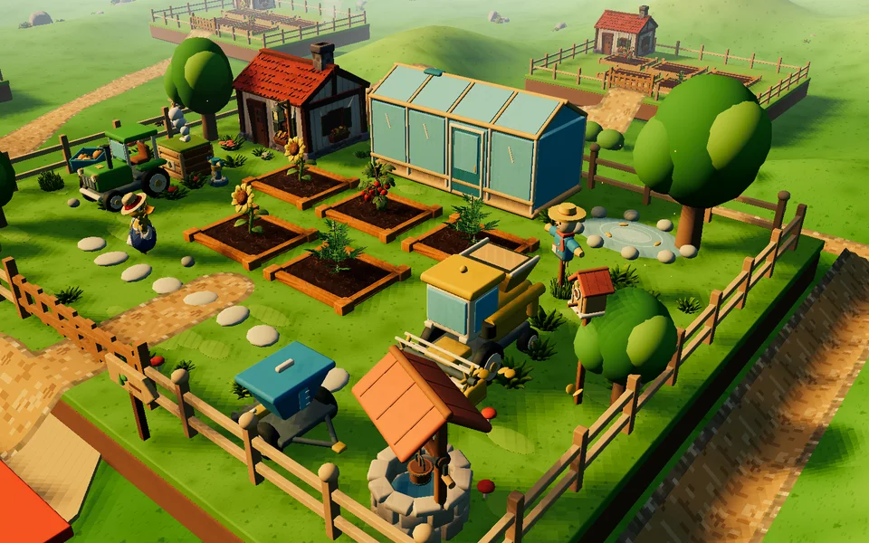 A garden full of crops, a tractor, a greenhouse and decorations
